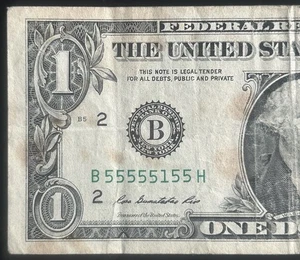 (NEAR SOLID!!) $1 Binary Near Solid 7 Of A Kind Fancy Serial Number B55555155H - Picture 1 of 3