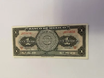 Billete Mexicano: El Banco de México S.A. 1961 1 Peso, Serie JV, Nº J055656 Foto 1 de 2