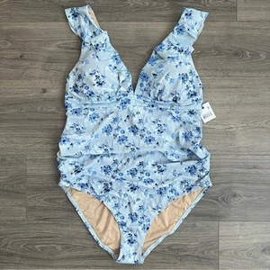 A Pea in the Pod One Piece Swimsuit Maternity Large Blue Floral Ruffle Boho NWT - Picture 1 of 11