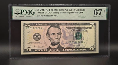 2017 A - Federal Reserve Five Dollar $5 ⭐ STAR Note ⭐-Chicago-PMG 67 EPQ - Image 1 of 2