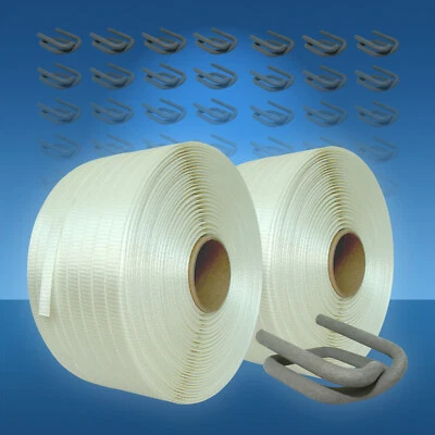 VEMATEC Umreifungsset gewebt, 2 Rollen Umreifungsband gewebt, 19 mm, 600 m + 300 Klemmen