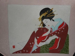 VinTage Geisha Silky Rayon Scarf Textured 26" Ivory Pink Aqua Black Red pro - Picture 1 of 4