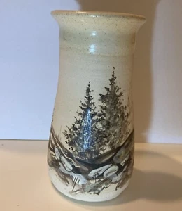 SIGNED - Hand Thrown Stoneware Pottery Vase Hand Painted Landscape Artist Signed - Picture 1 of 6