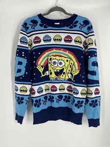 Maglione SPONGEBOB SQUARE PANTS taglia L blu arcobaleno colorato stampa all over divertente - Foto 1 di 11