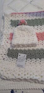 Handmade Crochet White, Pink & Green Baby Blanket Set - Hat. 31" x 41" L. 6-2Yrs