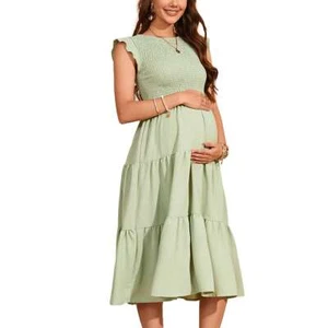 Women's Summer Loose Fit Everyday Long Dress Short Sleeves Maternity Midi Dress - Picture 1 of 14
