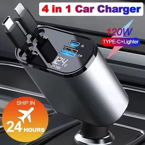 4 in 1 Retractable Car Charger Fast Car Phone Charger 120W With USB Type C Cable - Picture 1 of 8