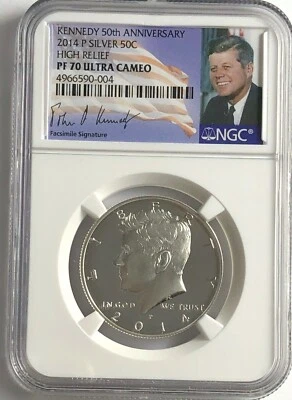 2014 P NGC PF70 Silver Kennedy Half Ultra Cameo High Relife Flag Sign Lbl JFK - Image 1 of 3