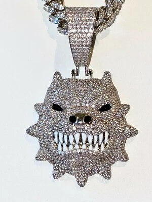 Bulldog Pitbull Angry Dog Silver Pendant Men Iced Charm 12mm Miami Cuban Chain - Image 1 of 4