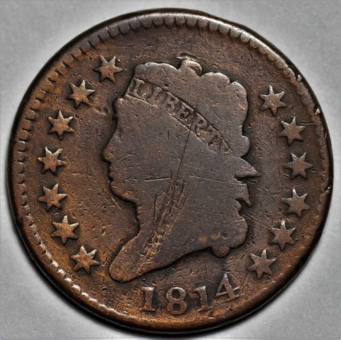 1814 Classic Head Large Cent - Plain 4 - Scratched - US 1c Copper Penny - L37 Cover