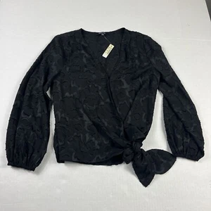 Madewell Side Tie Wrap Top Black Floral Jacquard Long Sleeve V-Neck Shirt XS NEW - Picture 1 of 11