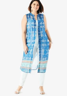 Roamans Sleeveless Mega Tunic Duster Vest Sheer Cobalt Women's Plus Size 16W New - Image 1 of 3