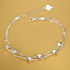 Pure 990 Fine Silver Chain Women Lucky Double Star Bead Box Link Bracelet Anklet