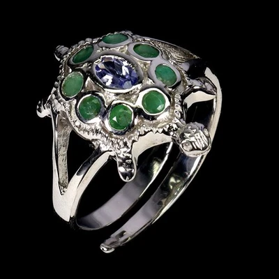 925 Anello Argento Sterling Ovale Tanzanite Gemma Smeraldo Gioielli Turtle Size - Immagine 1 di 4
