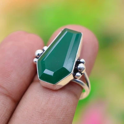 Anillo de ónix verde natural de plata de ley | Declaración bohemia de piedras preciosas facetadas "8 Foto 1 de 4