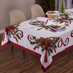 Christmas Ribbon Tablecloth (60 x 102 Inch) for 6 Foot Rectangle Tables, Heav... - Foto 1 di 8