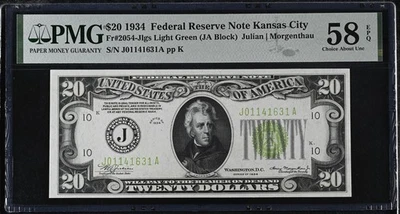 1934 $20 Dollar Federal Reserve Note Kansas City FR#2054-Jlgs PMG 58 EPQ - Image 1 of 2