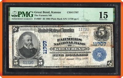 KC- Fr.607 1902 $5 NB of Great Bend , KS #11307 - Fine 15 by PMG - Image 1 of 3
