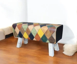 Modern Handmade Ottoman Leather Bench Vintage Bohemian Style Solid Wood - Picture 1 of 3