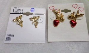Vtg Lot/2 Earrings CLAIRE'S Goldtone Cherubs / Red Enamel Heart VALENTINE'S DAY - Picture 1 of 4