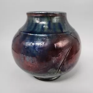 Vaso vintage fatto a mano in ceramica artistica Raku 5,25" firmato - Foto 1 di 11
