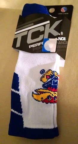 UNIVERSITY KANSAS SOCKS NEW KU JAYHAWKS TCK LARGE TWIN CITY KNITTING BLUE WHITE Cover
