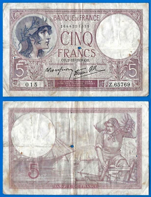 France 5 Francs 1939 2 November Serie Z Purple Violet Europe Free Shipping World - Image 1 of 3