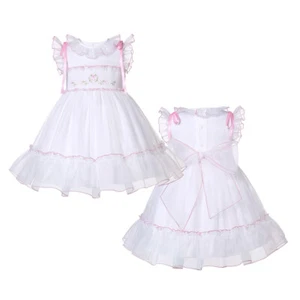 Toddler Girls White Organza Tulle Dress Flower Smocked Pink Ribbon Bow Dress - Picture 1 of 14