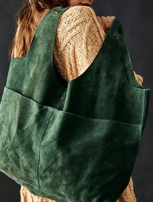 FREE PEOPLE We the Free Green Suede Paris Market Tote Bag - Image 1 of 4