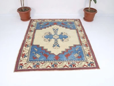Vintage Hand Knotted Area Rug Blue Red Beige Tribal Medallion 5x6 ft - image 1 of 4