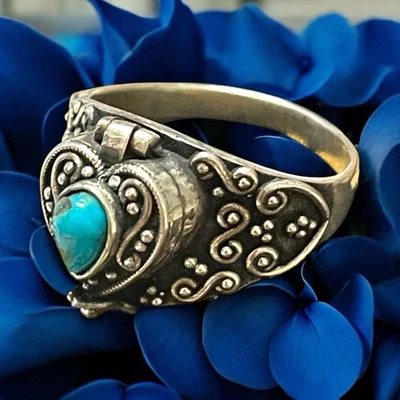 Anello Vintage Argento 925 Con Turchese Apribile Porta Veleno Poison Ring - Immagine 1 di 4