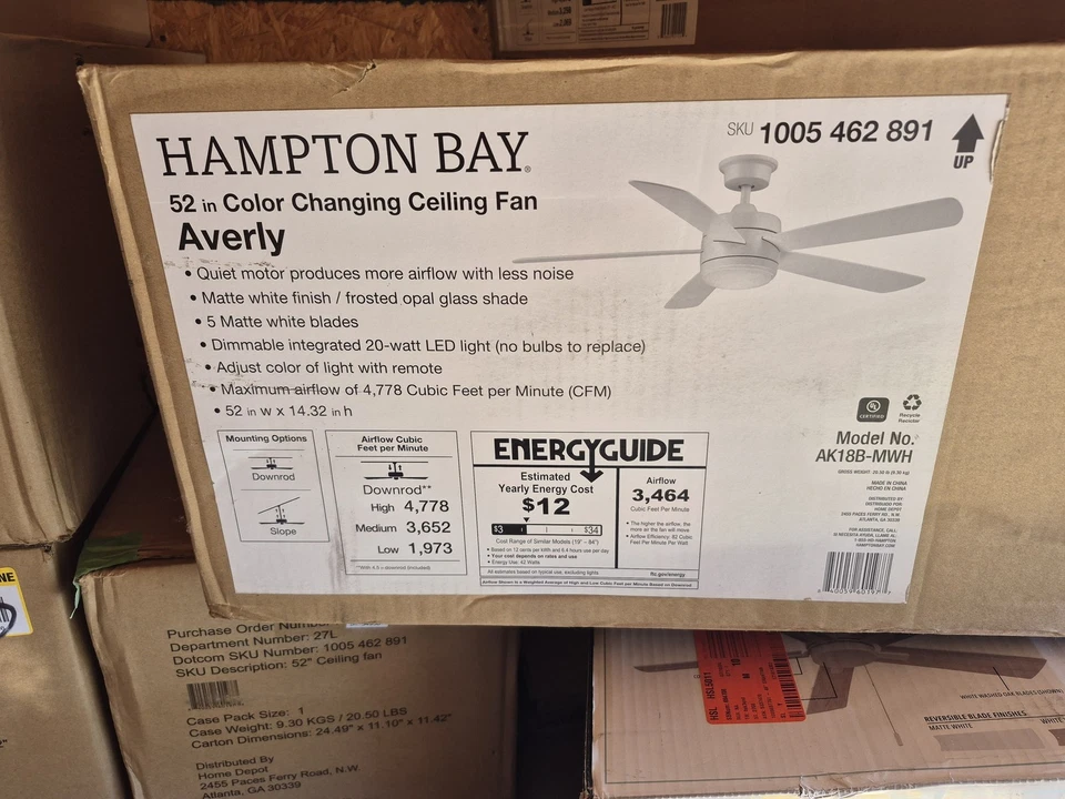 Hampton Bay AK18B-MWH Averly 52" White LED Ceiling Fan w/ Remote Included - Image 1 of 1