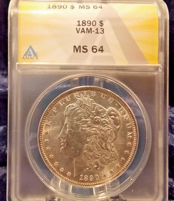 1890-P  MORGAN DOLLAR    *BLAST WHITE*  MS-64   VAM-13 - HIGHEST GRADED - ANACS. - Image 1 of 4