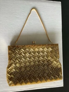 Vintage Magid Glass Bead Evening Bag Purse Gold Chain Kisslock Leaves - Picture 1 of 8