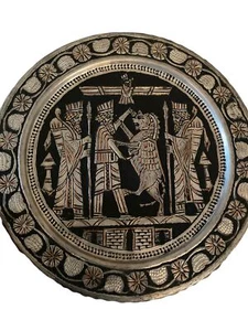 Vintage Persian Pewter And Copper Tray With Etched Men Design - Picture 1 of 11