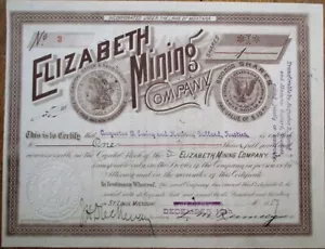 Silver Dollar Vignette 'Elizabeth Mining' 1889 Montana Mining Stock Certificate - Picture 1 of 1
