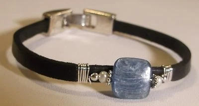 Natural Sky Blue Kyanite, Freshwater Pearl & Flat Leather Bracelet Handcrafted - Image 1 of 4