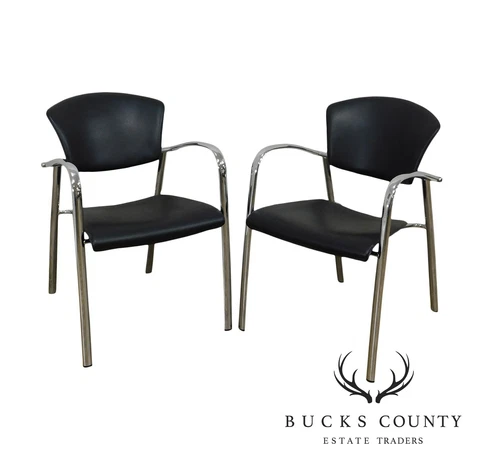 Brayton International Collection Steelcase Pair Chrome & Black Leather Armchairs Cover