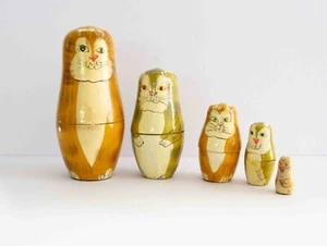 Vintage Matryoska Russian Wooden Nesting Dolls Cat Theme Set of 5 - Picture 1 of 9
