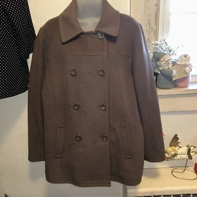J.Jill 豌豆外套女式 L 码棕色双排扣衬里羊毛混纺经典 — 第 1/4 张图片