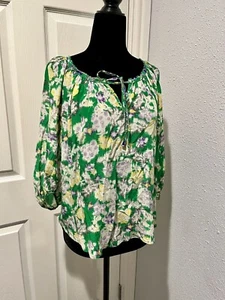 Rebecca Taylor Size 2 100% Silk Blouse Top  Floral Print Green Yellow 3/4 Sleeve - Picture 1 of 7