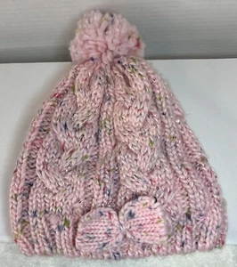 Girl's One Size Fits Most Pink Knit Winter Beanie with Pom Bow By Wonder Nation - Picture 1 of 8