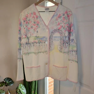 VINTAGE NEW Artisans Sunschein Designs Beach Walk Printed Crewneck Cardigan XL - Bild 1 von 9
