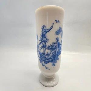 Vintage Avon White Milk Glass Footed Demi Cup Vase Blue Toile Victorian Scene - Picture 1 of 5