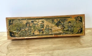 Wooden German Hinged Pencil Box Vtg Colorful Lithograph Scene Antique SEE ALL - Picture 1 of 15