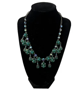 Joan Rivers Statement Necklace Green Rhinestone Bib Collar Vintage Signed - Picture 1 of 5