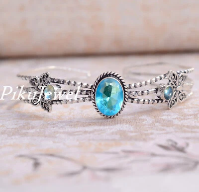 Blautopas mit Labradorit Edelstein 925 Sterling Silber Armreif Manschette für... - Bild 1 von 4