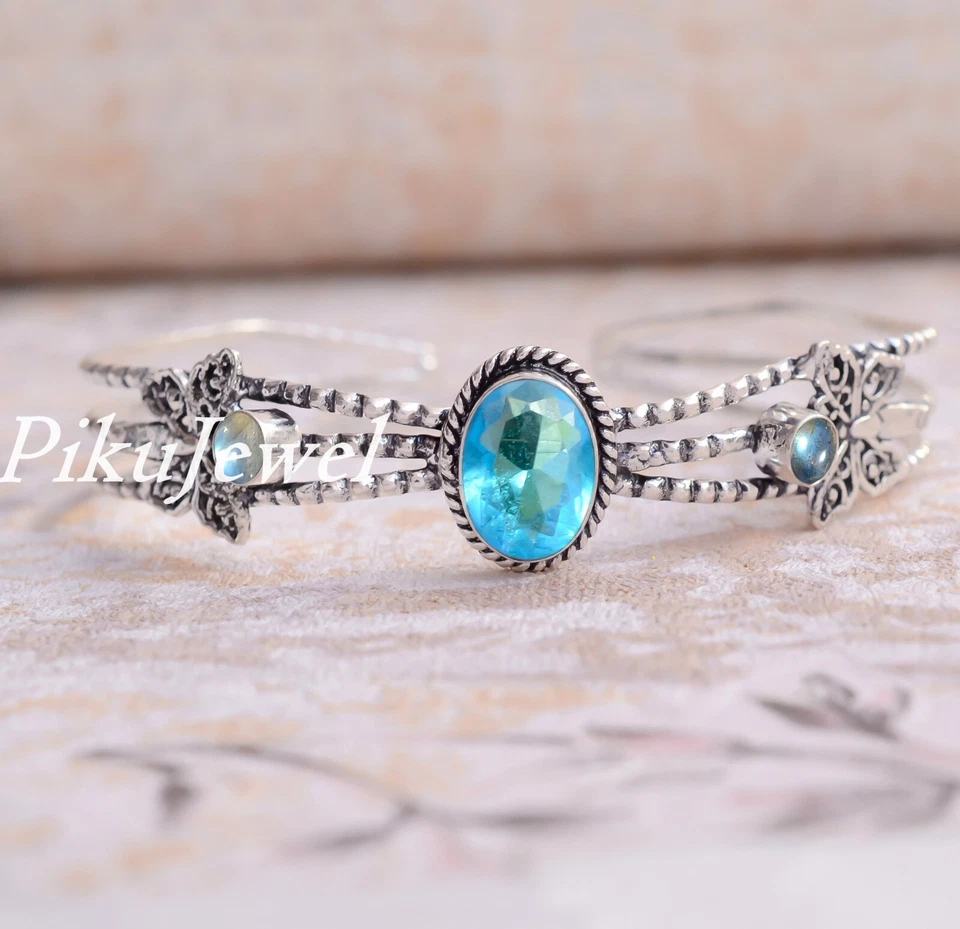 Blautopas mit Labradorit Edelstein 925 Sterling Silber Armreif Manschette für... - Bild 1 von 4