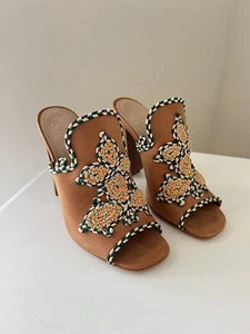 Tory Burch | Women’s SZ 7 | Palisade Brown High Heel Embroidered Mules - Picture 1 of 12