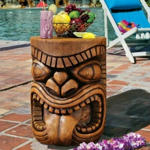 Tiki Side Table Tropical Sculptural Accent Solid Wood Resin Brown Pool Luau New - Picture 1 of 7